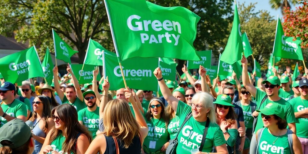 Grüne Parteimitglieder bei einer lebhaften Kundgebung.